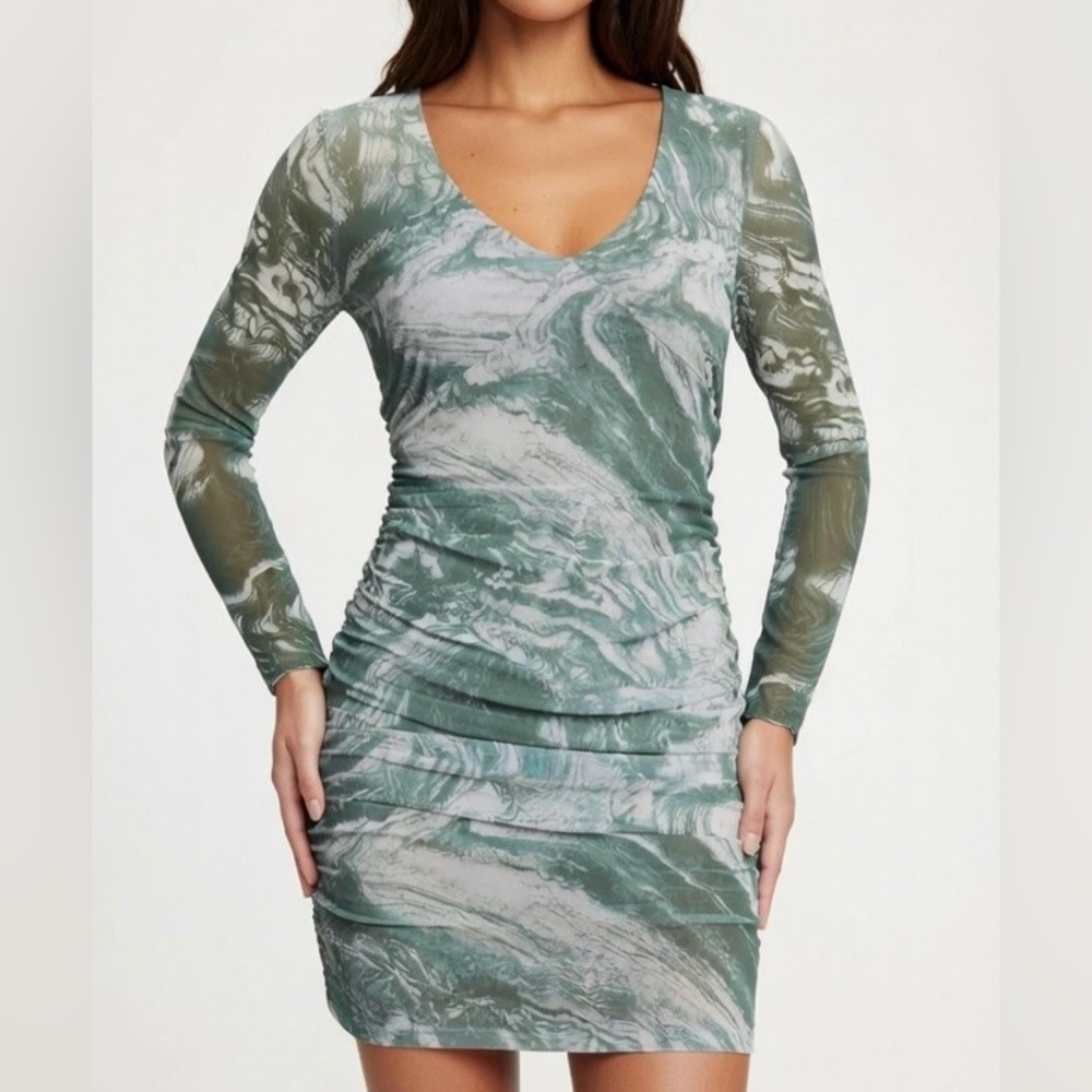 BP ruched mesh sage green and white marble swirl pattern long sleeve mini dress